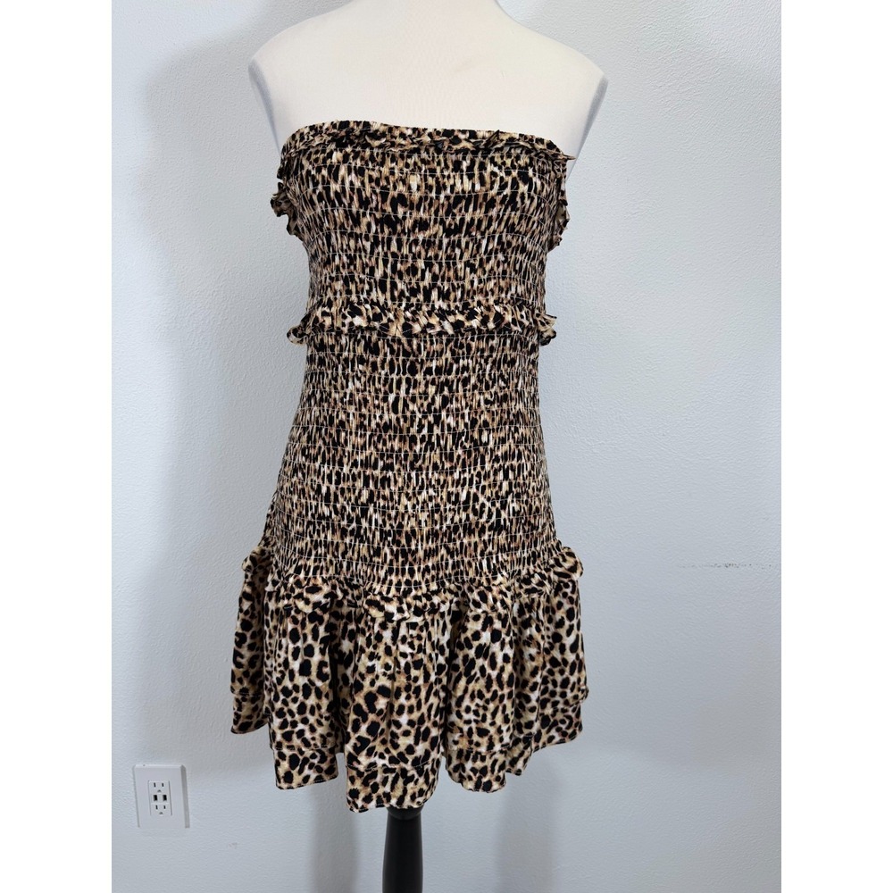 American Eagle Leopard Print Smocked Ruffle Strapless Boho Festival Mini Dress M